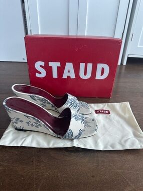 STAUD Cream and Blue Floral Canvas Wedge Sandals